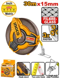 Ruleta cu banda de fibra 30m x 15mm, retragere rapida 3:1, scala metrica si inch, INGCO HFMT1830