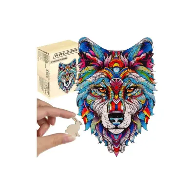 Puzzle 170 piese din lemn, model Lup, piese forma de animale, multicolor, 38x27 cm