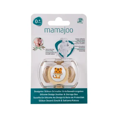 mamajoo Suzeta cu design ortodontic din silicon si cutie de depozitare, Tigru & cutie ecru 0m+, 1 buc