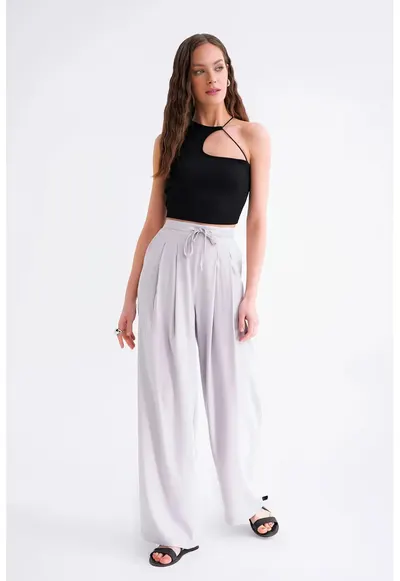 Pantaloni dama - HiCCUP - tip palazzo - talie inalta - gri - textil