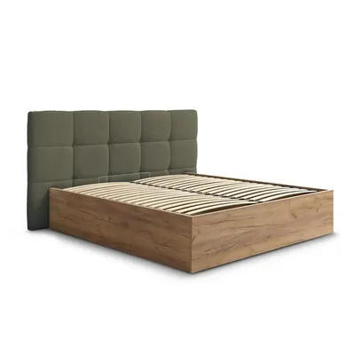 Pat matrimonial verde tapițat/din placă aglomerată de lemn tapițat cu spațiu de depozitare cu somieră 160x200 cm Kumo – Bobochic Paris