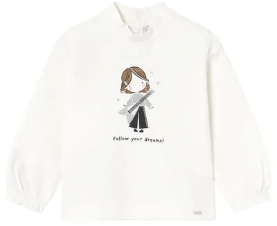 Pulover cu guler polo Mayoral - Fetiță cu chitară, alb, 12 luni