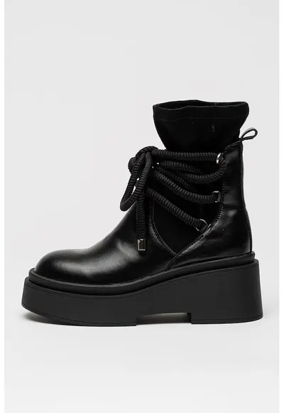 Ghete din piele cu insertii din material textil - Negru