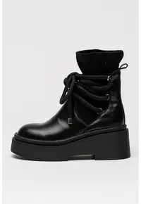 Ghete din piele cu insertii din material textil - Negru