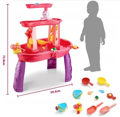 Masuta de activitati pentru apa si nisip Matadi Pink, cu stropitoare, galeata, lopeti si forme, dimensiune 72.8 x 34 x 59.4 cm