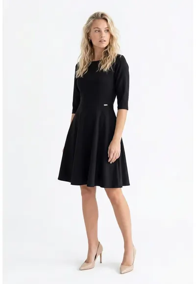 Rochie eleganta midi cu decolteu rotund - maneca 3/4 - croi regular si inchidere la spate - M1341 - Negru