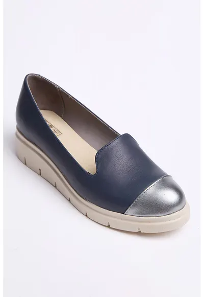 Pantofi slip-on de piele cu aplicatie cap-toe - Argintiu/Bleumarin