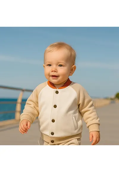 Bluza cu capse si guler portocaliu - Hope - Ecru si Bej - pentru baietei - Ecru