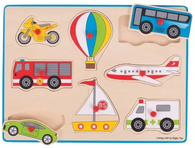 Puzzle Bigjigs din lemn cu mânere - Transport, 8 piese