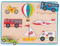 Puzzle Bigjigs din lemn cu mânere - Transport, 8 piese