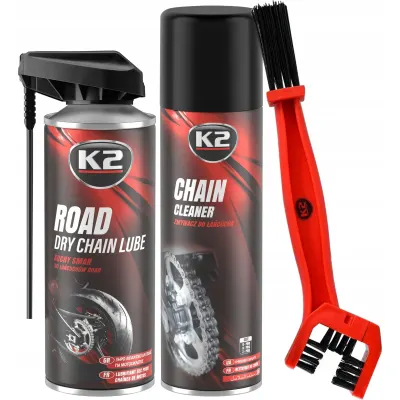 Set K2 Spray Curatat Lant Chain Cleaner 500ML W148 + K2 Spray Lubrifiant Lant Road Dry Chain Lube 400ML W143 + K2 Perie Curatat Lant W612