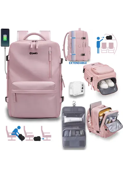 Rucsac voiaj + trusa cosmetice cu carlig + trusa calatorie - bagaj mana extensibil - Roz
