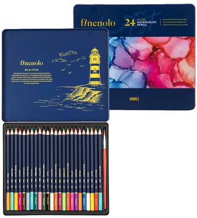 Creioane colorate pentru acuarelă Deli Finenolo - EC129, 24 culori, în cutie metalică