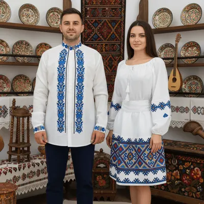Set Cuplu 605 Camasa Traditionala si Rochie Stilizata cu motive traditionale