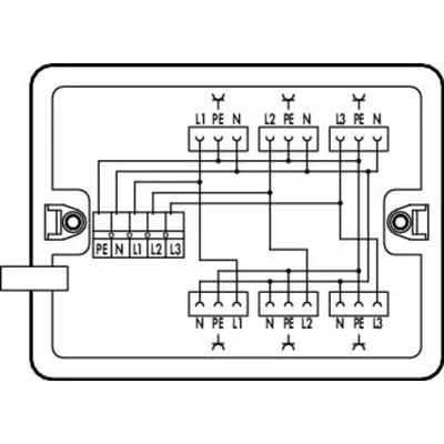Distribution box; Three-phase to single-phase current (400 V/230 V); supply cable entry; 6 outputs; Cod. A; MIDI; white