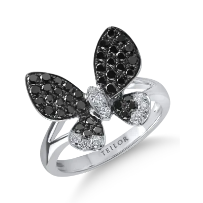 Inel fluture din aur alb-negru cu diamante incolore de 0.16ct si diamante negre de 0.68ct
