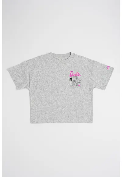 Tricou supradimensionat cu imprimeu Barbie - Roz deschis/Gri melange