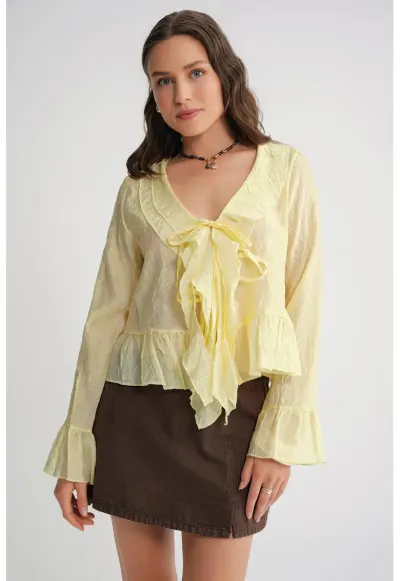 Bluza dama - HiCCUP - cu volane - galben lamaie - material cu snur