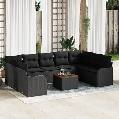 Set canapea gradina Gossi 10 piese perne negru ratan poli acacia, canapea gradina Gossi 2 locuri depozitare perne negru ratan poli