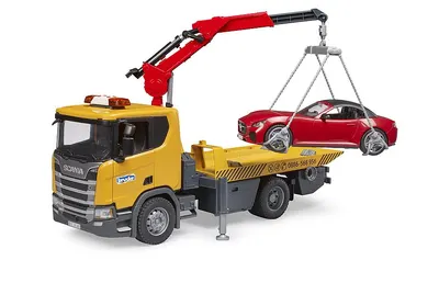 Camion cu platforma si masinuta Roadster Bruder Scania 03552