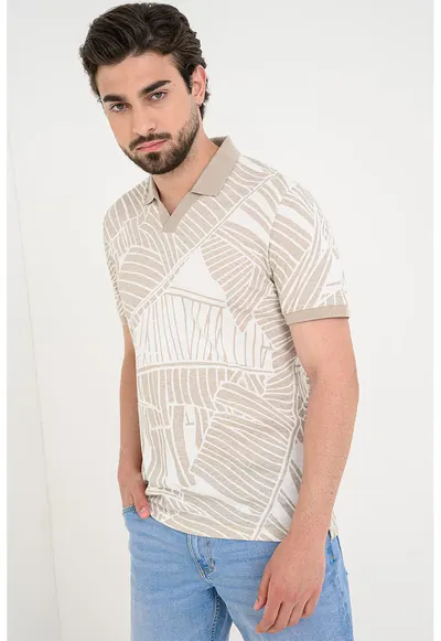 Tricou polo din amestec de in cu croiala slim-fit - Alb fildes/Bej deschis