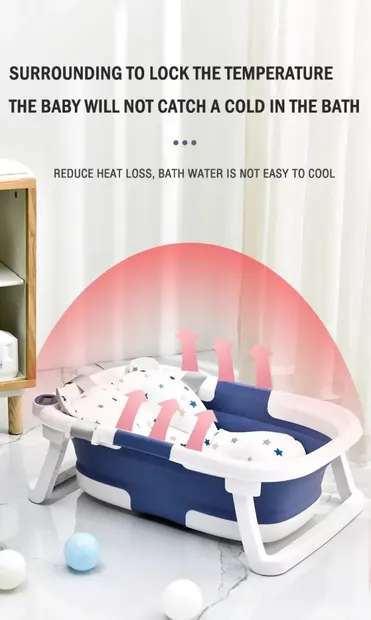 Cadita bebelusi ultrapliabila Little Mom Blue, cu pernuta moale plutitoare, termometru incorporat, display digital, cu dop pentru evacuarea apei, suport cap de dus, antiderapant, material Non-Toxic