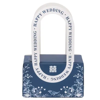 Cutie model floral cu mâner și mesaj Happy wedding - albastru (set 25 buc) - 10x6x5cm