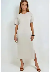 Rochie midi croiala lejera cu slit - bej - jerseu - modal/poliester