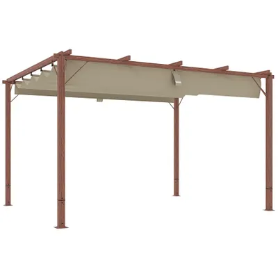 Outsunny Pergolă de Grădină cu Acoperiș Retractabil și Cadru din Aluminiu cu Aspect de Lemn, 382x300x232 cm, Lemn Natural | Aosom Romania