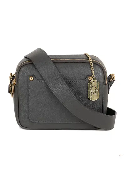 Geanta crossbody din piele cu bareta detasabila - Gri inchis