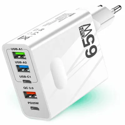 Incarcator Retea Timebox, 5 Porturi, 65W, 3 x USB, 2 x Type-C, QC 3, Alb - Default Title
