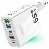 Incarcator Retea Timebox, 5 Porturi, 65W, 3 x USB, 2 x Type-C, QC 3, Alb - Default Title