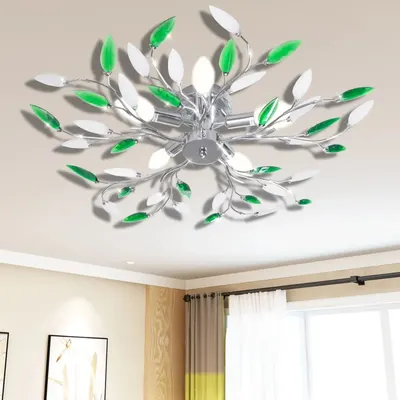 Plafoniera verde/alba, cu brate frunze cristal acrilic, 5 becuri e14
