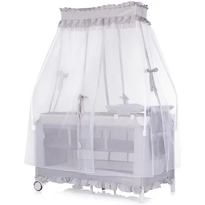 Patut pliabil pentru copii Chipolino Palace Platinum cu doua nivele, saltea de infasat, baldachin, roti, geanta pentru transport, buzunar si intrare laterala