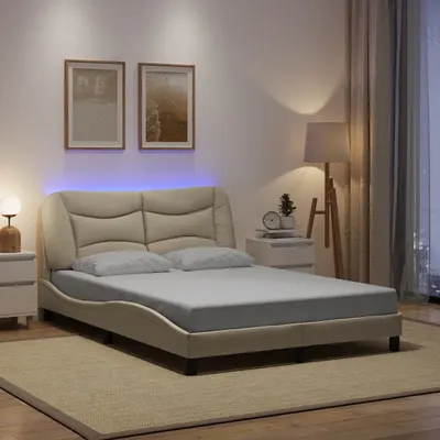 vidaXL Cadru de pat cu LED fără saltea Hvar cremă 140x190 cm țesătură