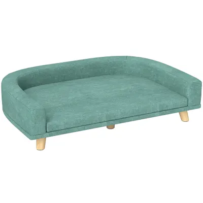 PawHut Canapea Elegantă pentru Animale de Companie, Pat Înălțat cu Pernă Moale, Cadru din Lemn, Verde, 98x67x25cm | Aosom Romania