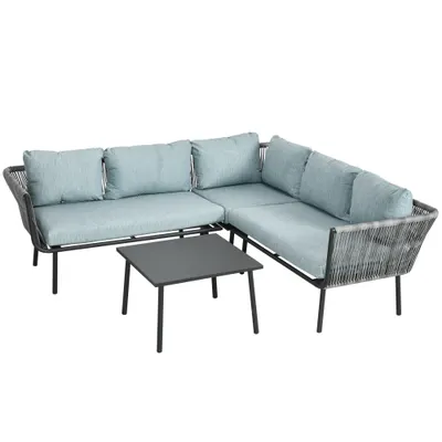Outsunny Set de Grădină 4 Piese din Ratan și Aluminiu cu Măsuță de Cafea, 2 Canapele pe Colț și Fotoliu, Albastru | Aosom Romania