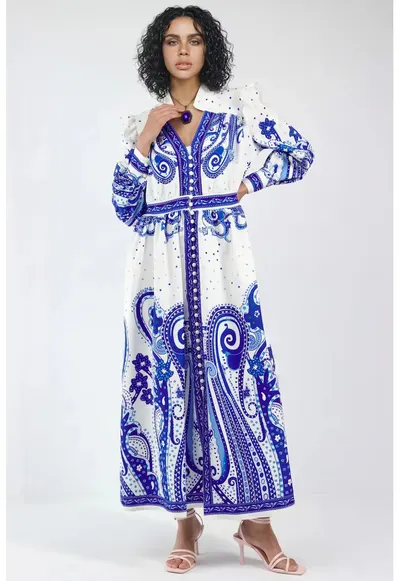 Rochie Maxi - imprimeu Paisley - maneca lunga - poliester-lycra