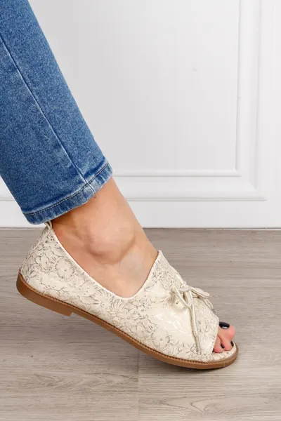 Sandale dama din piele Ecologica cu brant din piele naturala si fundita CRL1592 BEJ