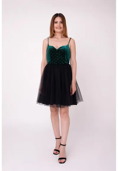 Rochie scurta evazata cu funda pe partea din spate Bloom - Negru/Verde englez