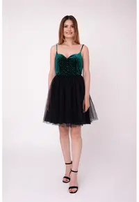 Rochie scurta evazata cu funda pe partea din spate Bloom - Negru/Verde englez