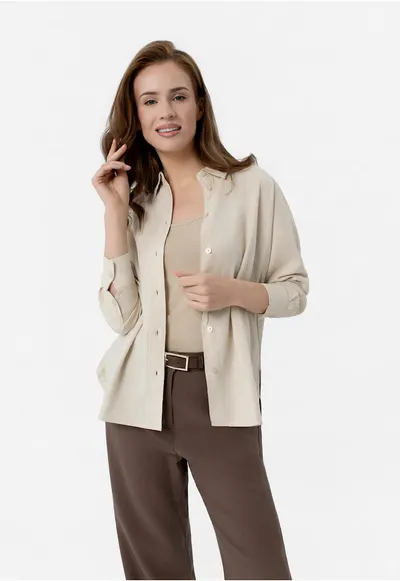 Camasa dama din in si viscoza - maneci lungi - comfort fit - spate mai lung - uni - K-Vehi - bej - Bej