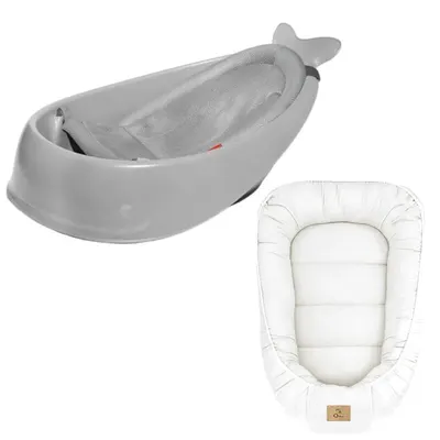 Set Cadita inteligenta, Skip Hop, Pentru 3 etape de crestere, Gri si cosulet bebelus, Qmini, 55 x 75 cm, Husa 100% muselina dubla, Cream