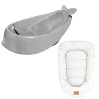 Set Cadita inteligenta, Skip Hop, Pentru 3 etape de crestere, Gri si cosulet bebelus, Qmini, 55 x 75 cm, Husa 100% muselina dubla, Cream