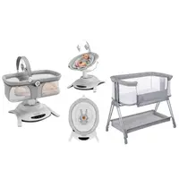 Pachet complet pentru primele zile, Balansoar si landou, Lionelo, Bella, 2 in 1, Rotire 360 grade, Scaun reglabil, 6 miscari unice + Patut co-sleeper, Lionelo, Luna, 2 in 1, Cu laterala culisanta, Cu setare unghiulara, Gri