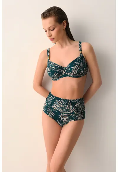 Sutien de baie cu cupe balconette si imprimeu tropical - Maro nisip/Verde englez