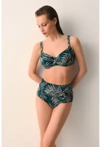 Sutien de baie cu cupe balconette si imprimeu tropical - Maro nisip/Verde englez