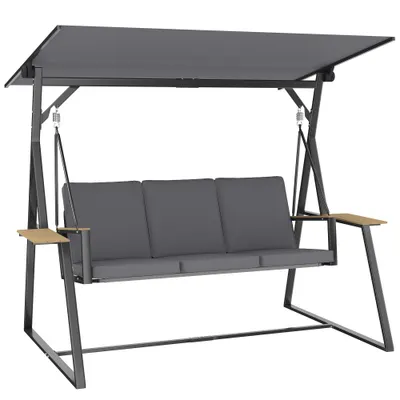 Outsunny Balansoar exterior de grădină cu 3 locuri, acoperiș reglabil, 2 tăvi, perne și cadru metalic, sarcină 360 kg, gri | Aosom Romania