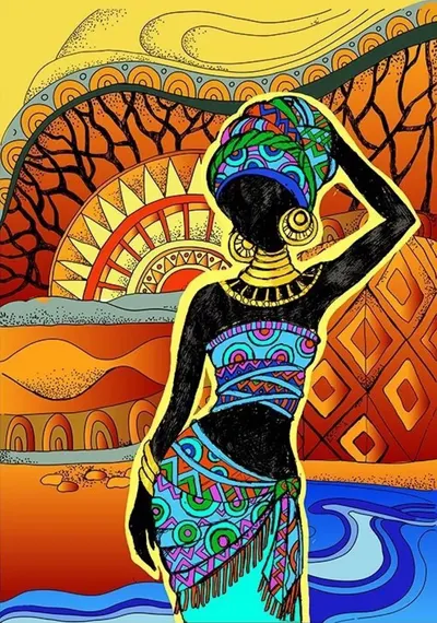 Pictură mozaic cu diamante MagicArt - Femeie africană, 30 x 40 cm, cu mărgele rotunde