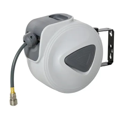 HOMCOM Dispozitiv de înfășurare a furtunului de aer comprimat - furtun: 15 m + 1,4 m - Ø interior 3/8" (9,5 mm), 1/4" (6,35 mm) BSPT - dispozitiv automat pentru furtun de aer retractabil gri | Aosom Romania